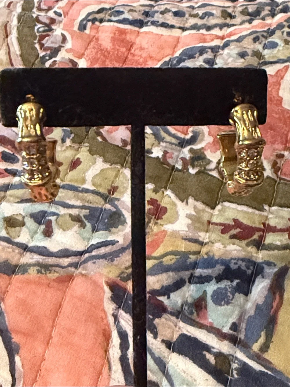 Gold Tone Bamboo Hoop Earrings with Crystal Accents